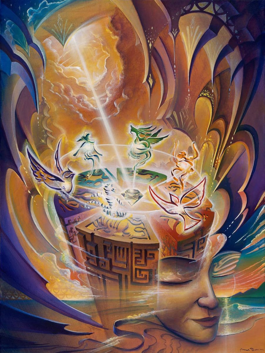 2013 Poster illustration of a brightly colored face with stylized totem icons dancing on top of head.