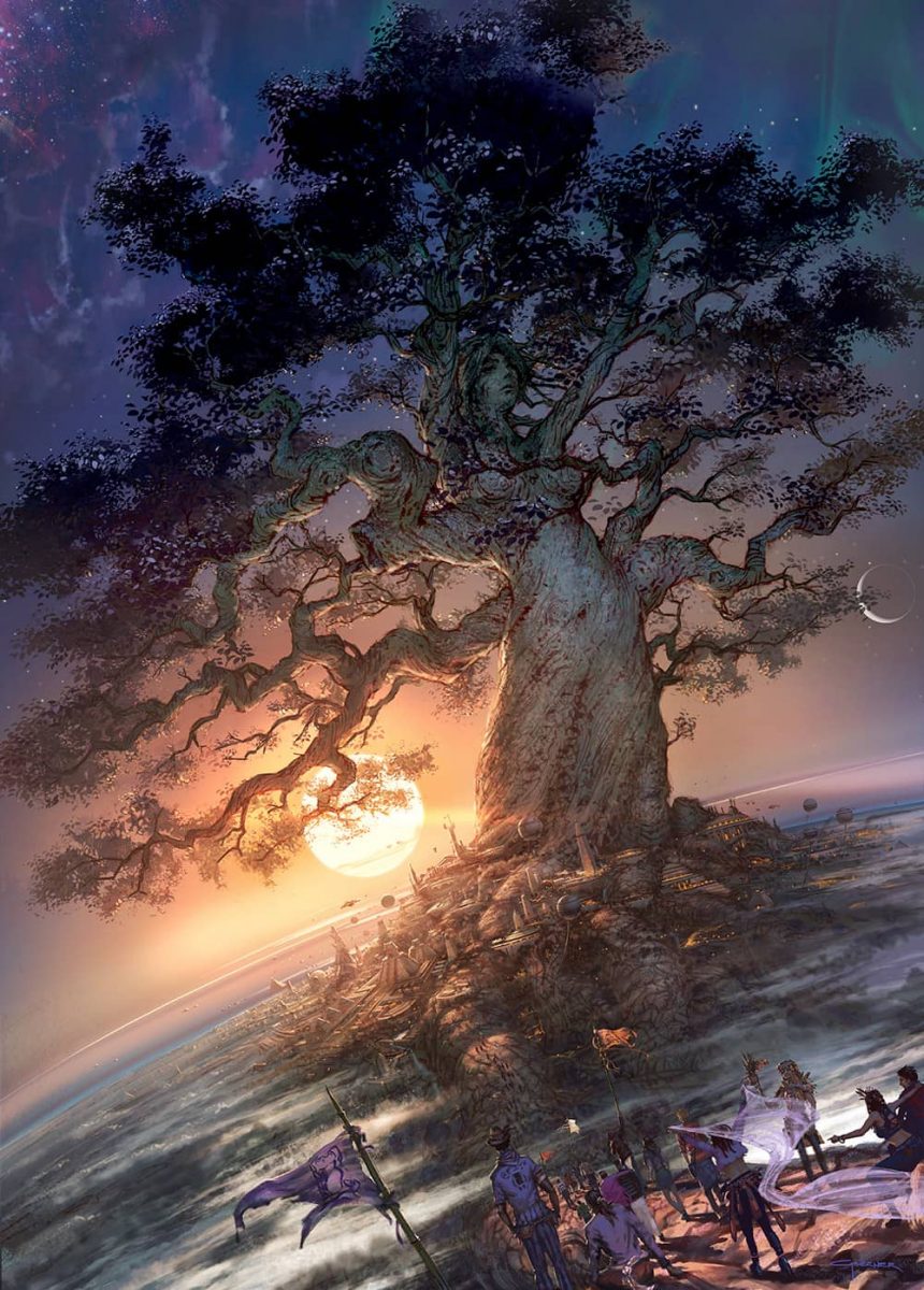 2015 Poster illustration of massive oak tree, the trunk in the shape of a woman, with the sun breaking over the curved horizon of the earth.