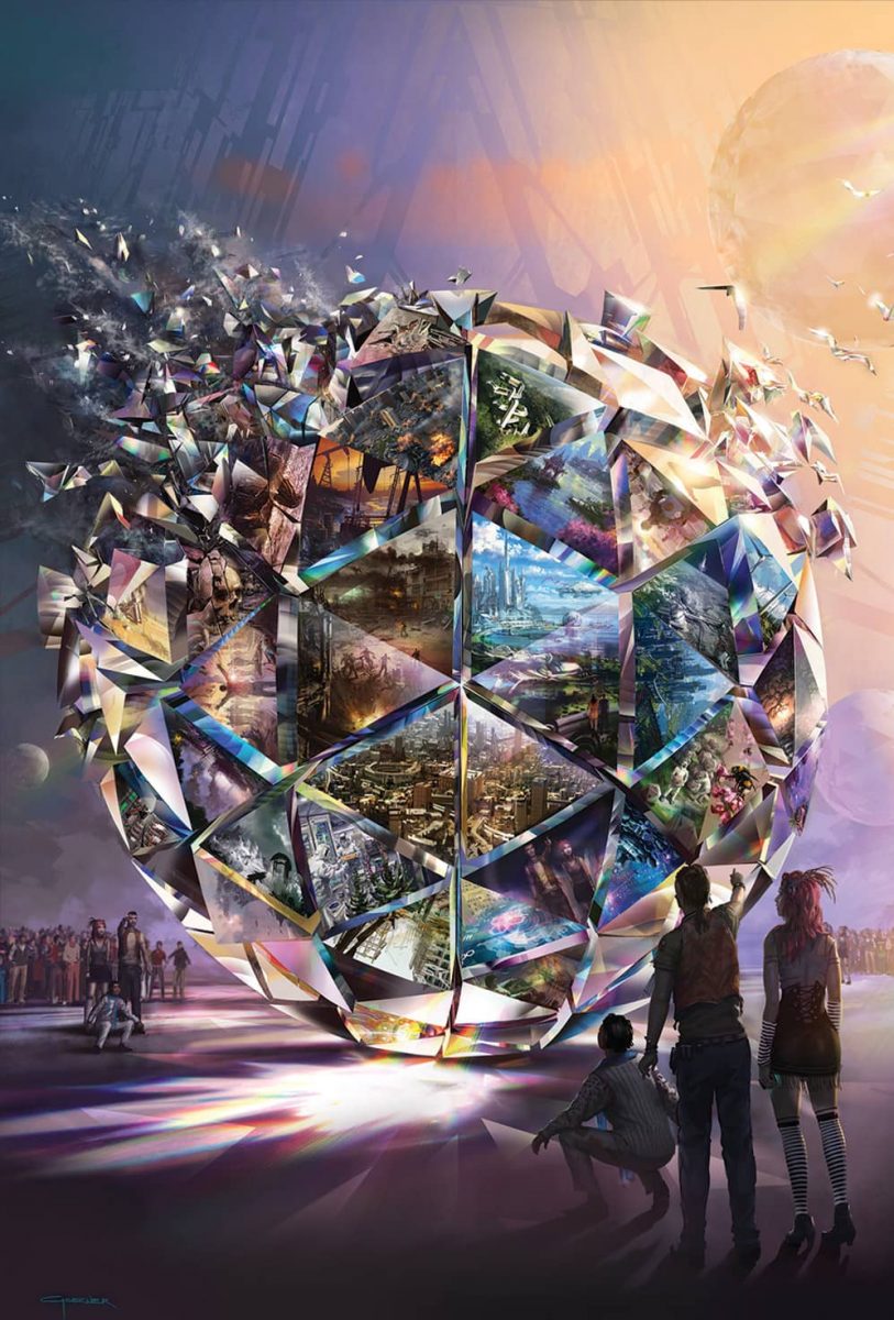 2016 Poster illustration of a giant multifaceted orb with intricate drawings in each facet. People watching in the foreground.