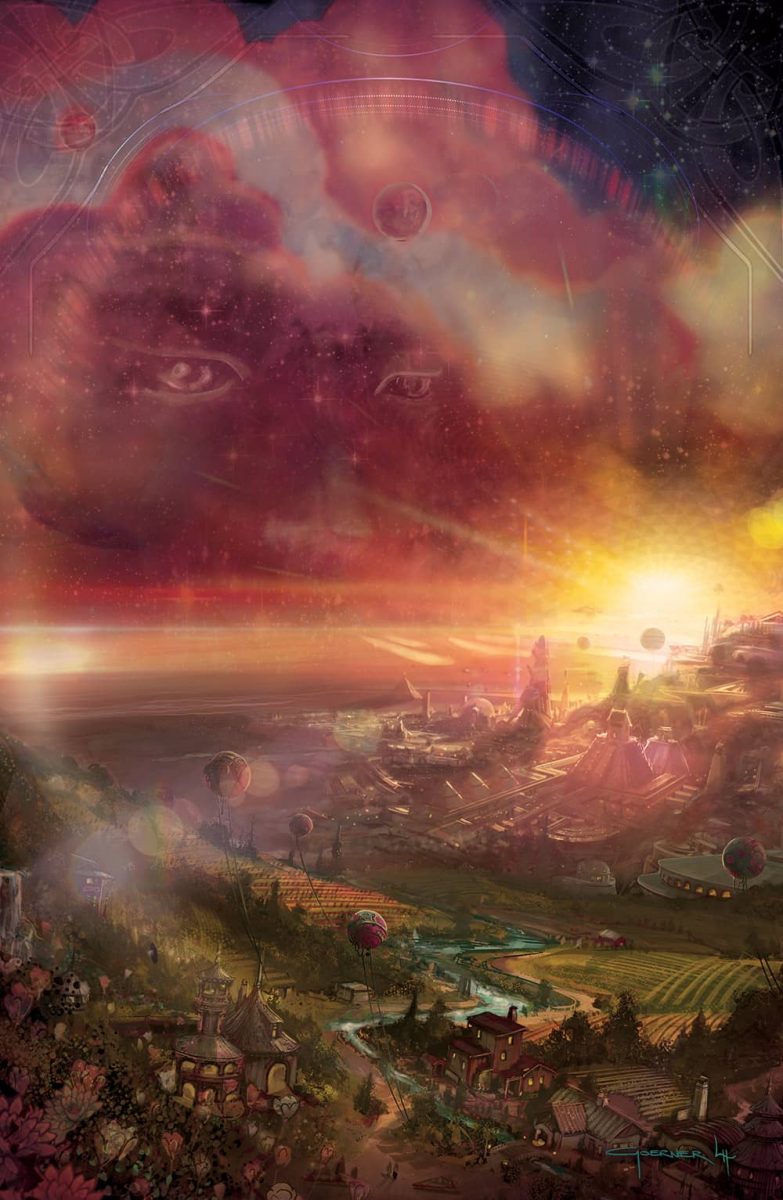 2018 Poster illustration of a vast fantasy landscape with rising sun on horizon, subtle image of eyes in the sky.
