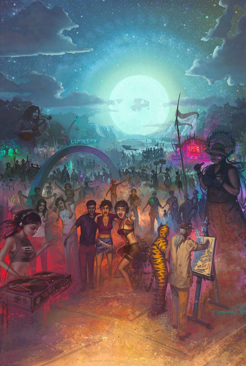 2019 Poster Illustration of attendees, various art and spaces present at Lucidity all illuminated by a rising moon.