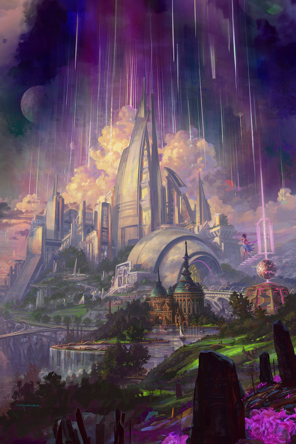 poster-11-auroras-light A lavish painting of a monumental futuristic city. A person in flowing clothes, has emerged from a door in the sky and is descending a floating staircase. The foreground is lush and green with bold splotches of fuchsia.